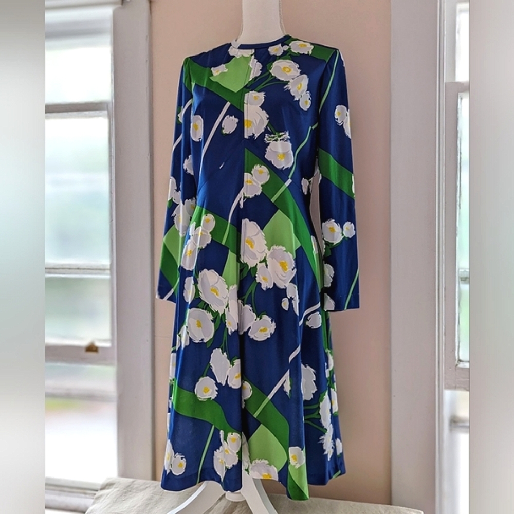 Vintage 1960's A-line long sleeve dress blue green white floral high neckline Lg